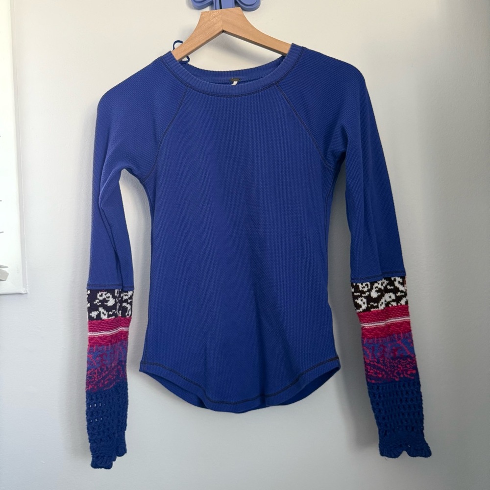 Free People Royal Blue Waffle Knit Pullover with Patterned Sleeves
